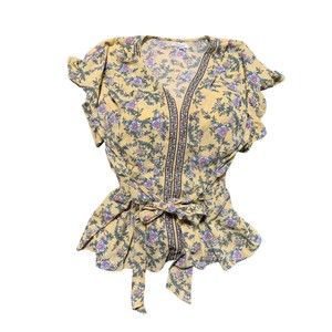 Max Studio Yellow Blouse Front Tie Wrap  Flowers Size 1X